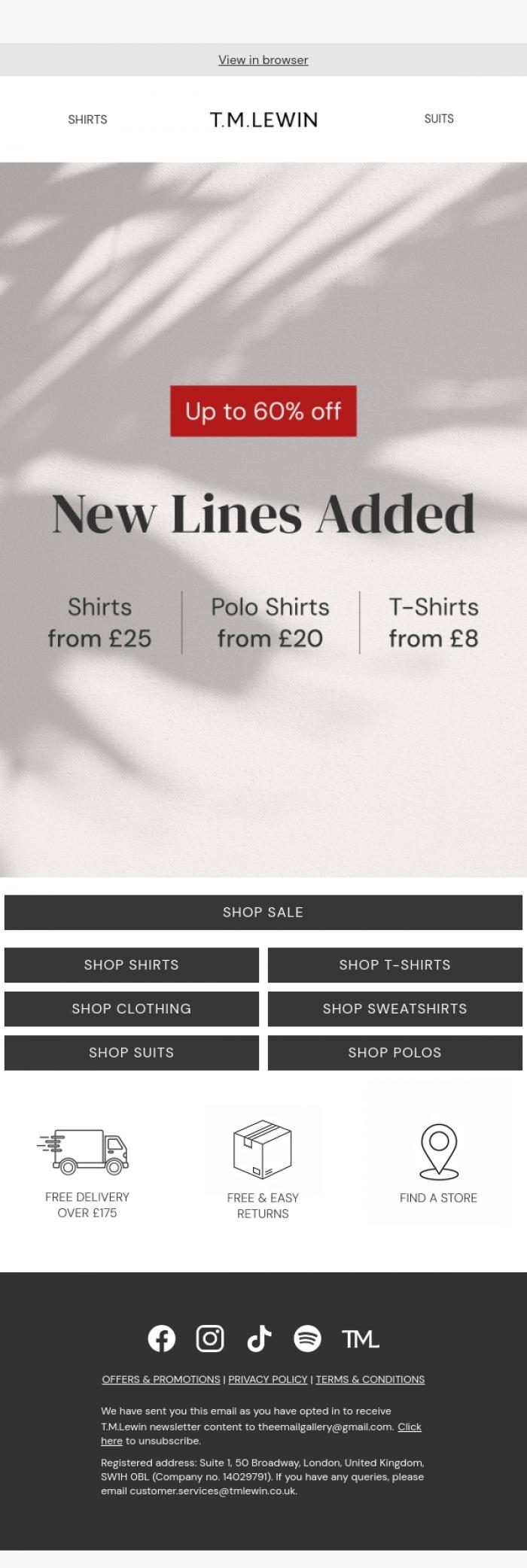 Email Design Inspiration from T.M.Lewin, Summer Sale | New Lines Added