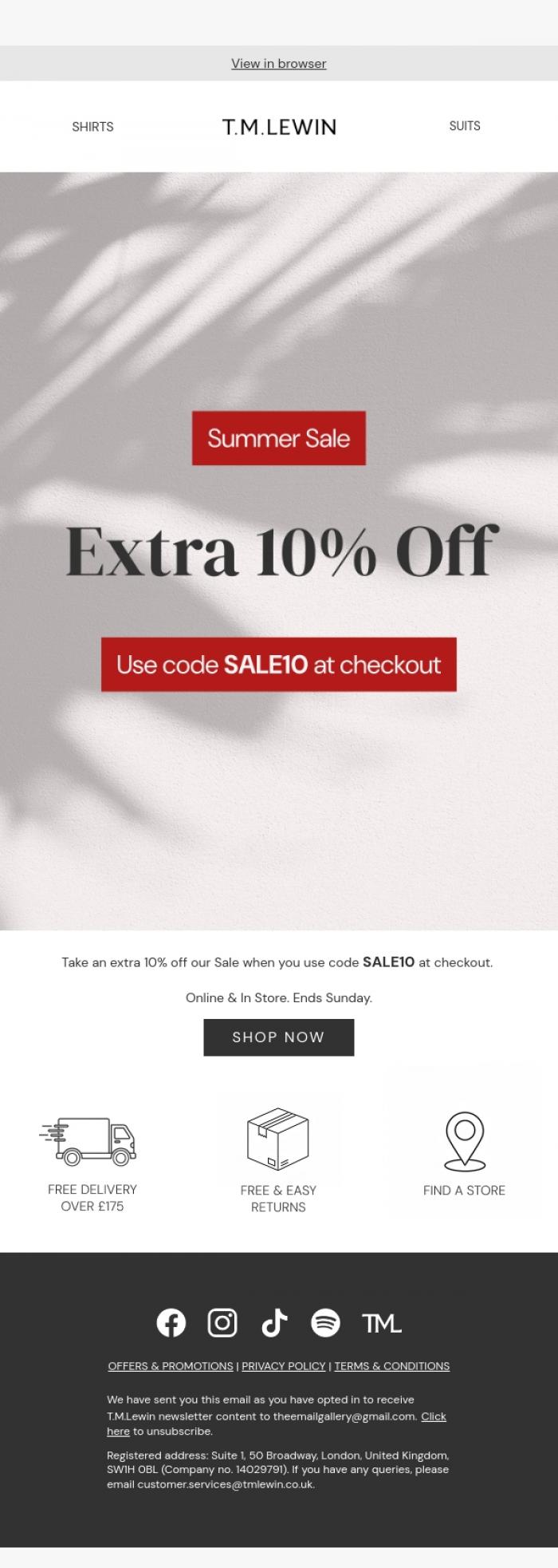 Email Design Inspiration from T.M.Lewin, Extra 10% off Sale