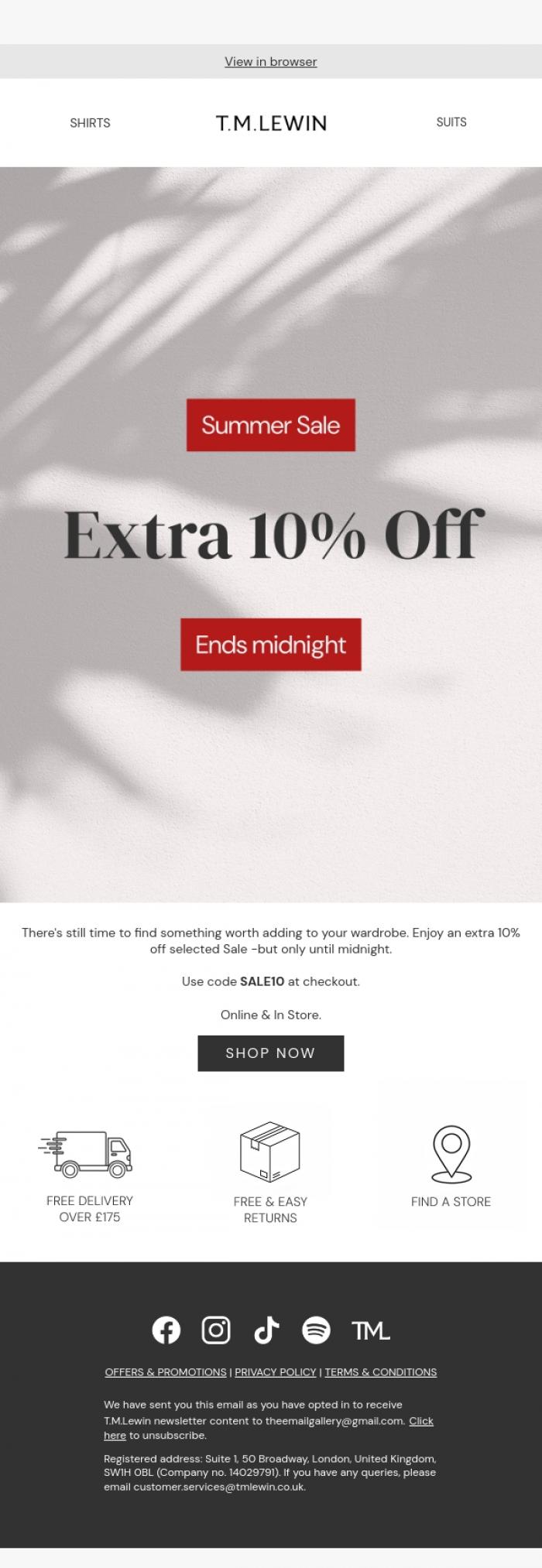 Email Design Inspiration from T.M.Lewin, Extra 10% Off Sale Ends Midnight
