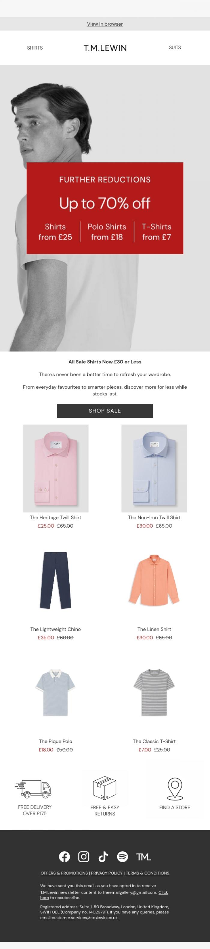 Email Design Inspiration from T.M.Lewin, Summer Sale | Further Reductions