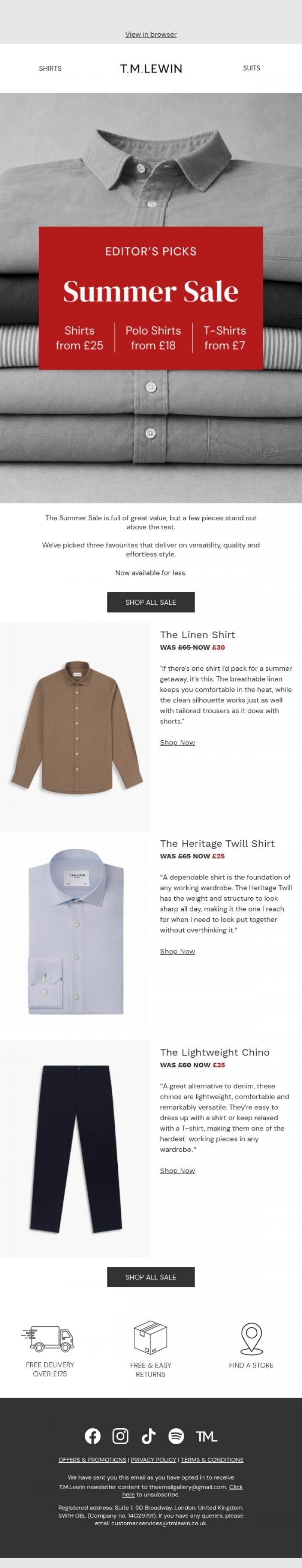 Email Design Inspiration from T.M.Lewin, The Summer Sale, Curated