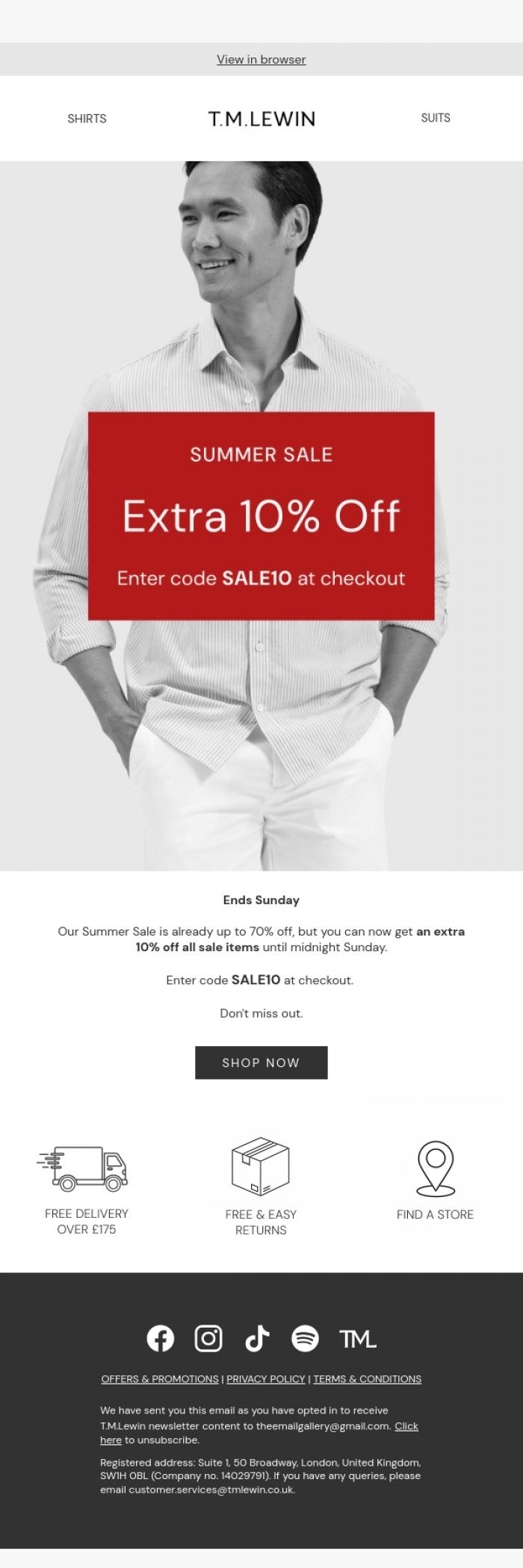Email Design Inspiration from T.M.Lewin, Extra 10% Off Sale