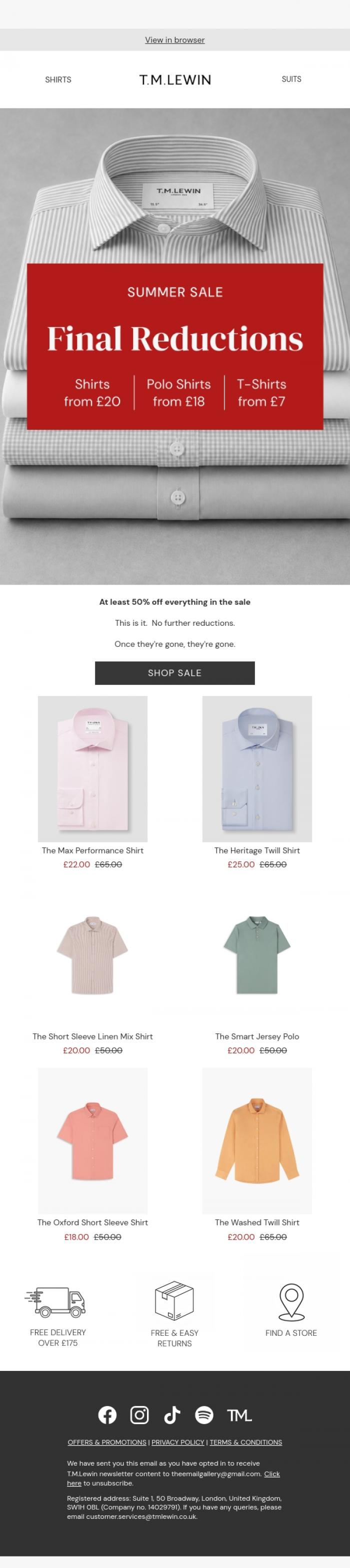 Email Design Inspiration from T.M.Lewin, Final Reductions | At least 50% off everything in the sale