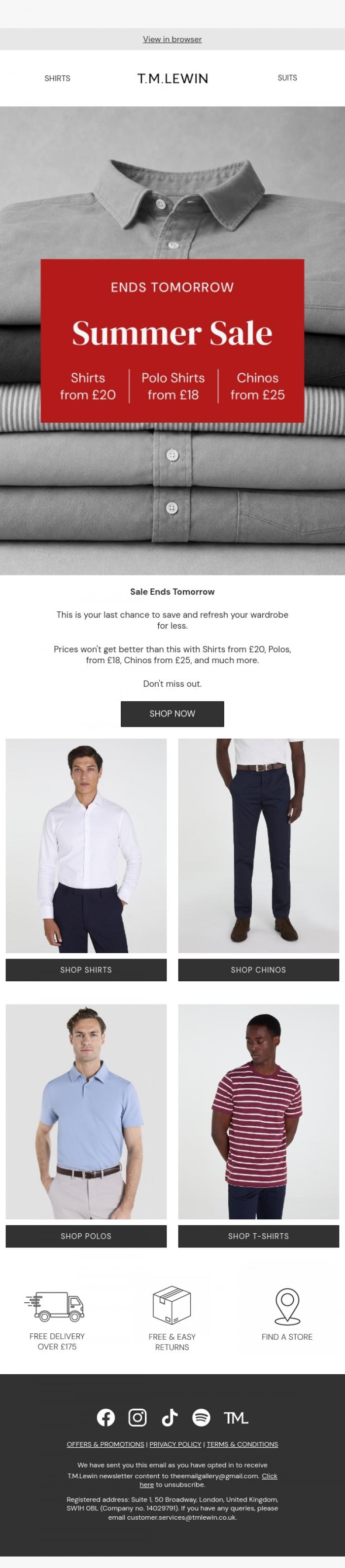 Email Design Inspiration from T.M.Lewin, Sale Ends Tomorrow