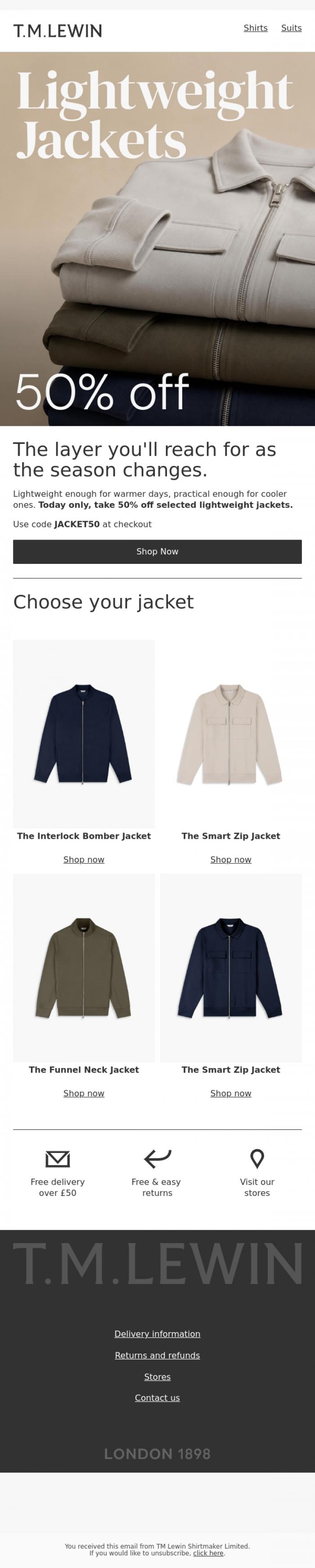 Email Design Inspiration from T.M.Lewin, 50% off lightweight jackets - today only