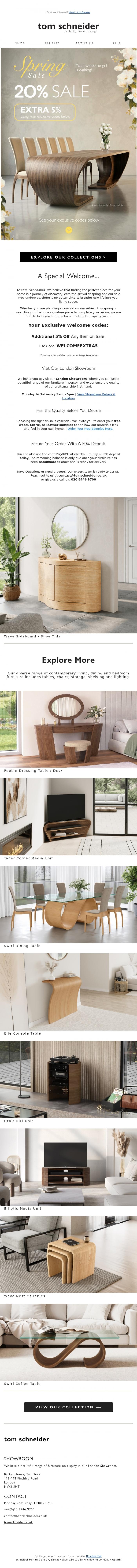 Email Design Inspiration from Tom Schneider, Our Spring Sale is here! Exclusive welcome offer inside.
