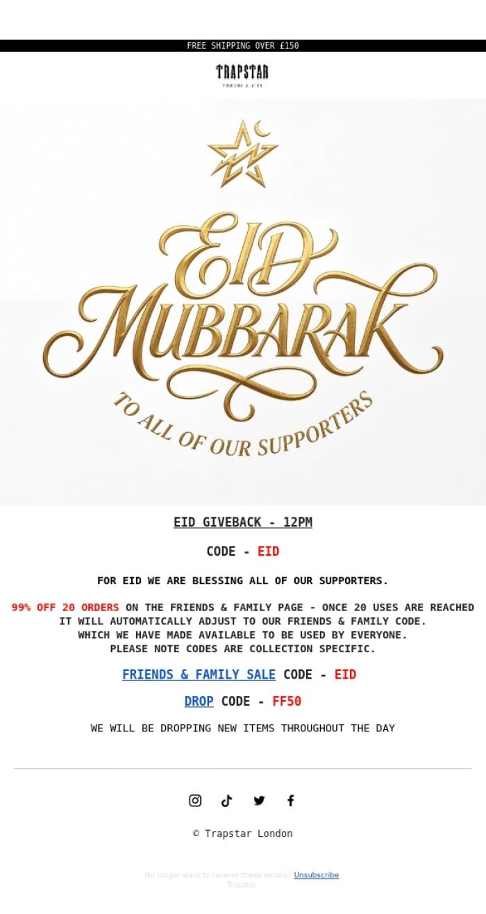 Email Design Inspiration from Trapstar London, EID BLESSINGS - 99% OFF 20 ORDERS