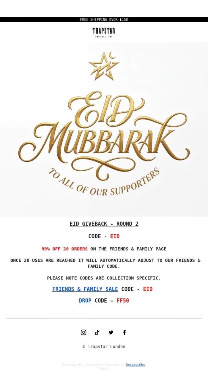 Email Design Inspiration from Trapstar London, EID BLESSINGS - 99% OFF 20 ORDERS
