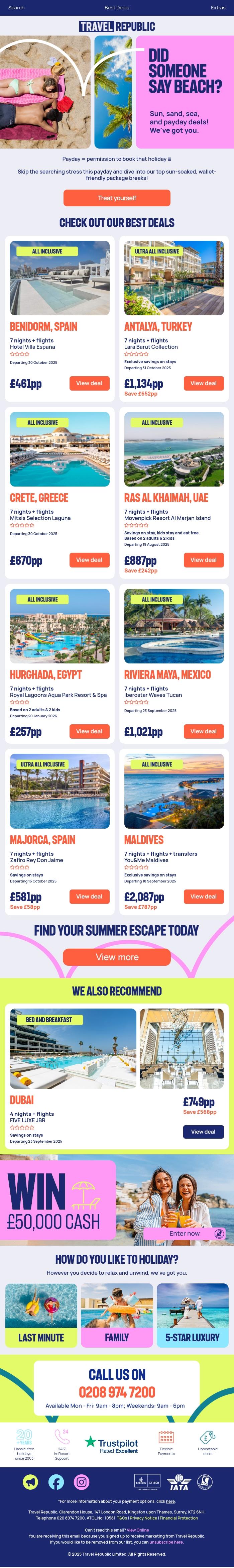 Email Design Inspiration from Travel Republic, Payday deals from &pound;257pp!