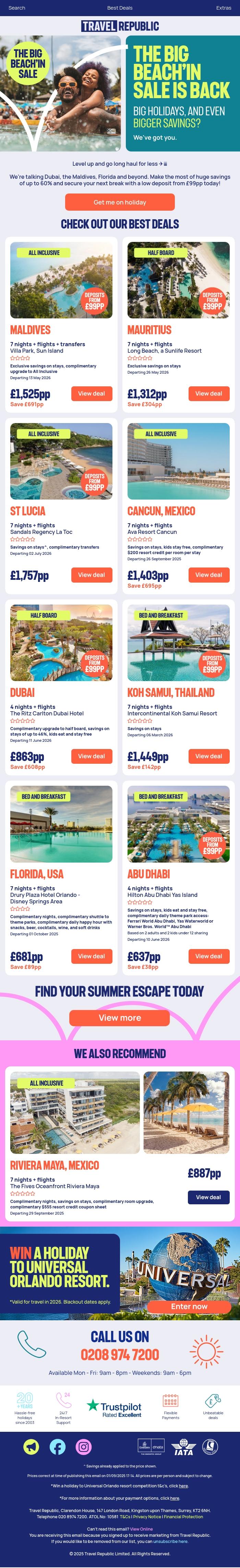 Email Design Inspiration from Travel Republic, Save up to 60% with our Big Beach'in sale 🏖️