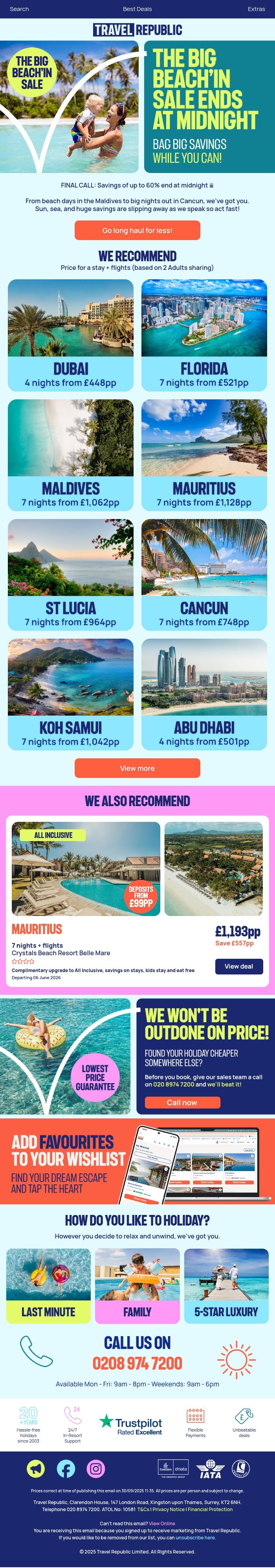 Email Design Inspiration from Travel Republic, Our Big Beach'in sale ends at midnight ⏰