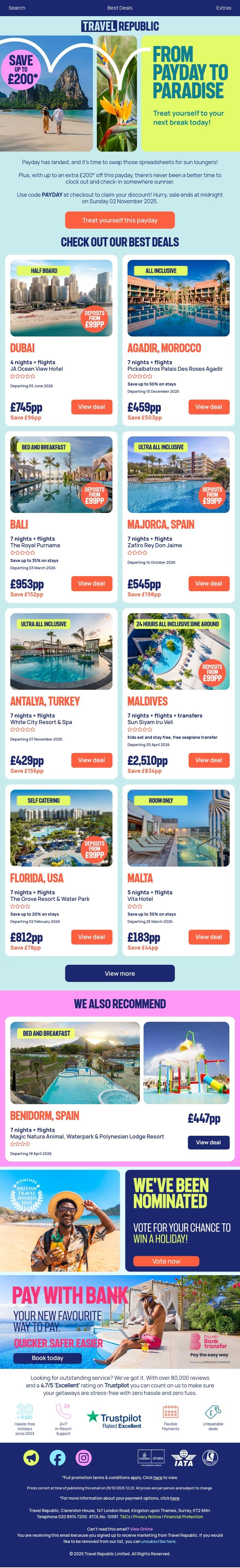 Email Design Inspiration from Travel Republic, Open to uncover Payday savings 🤑