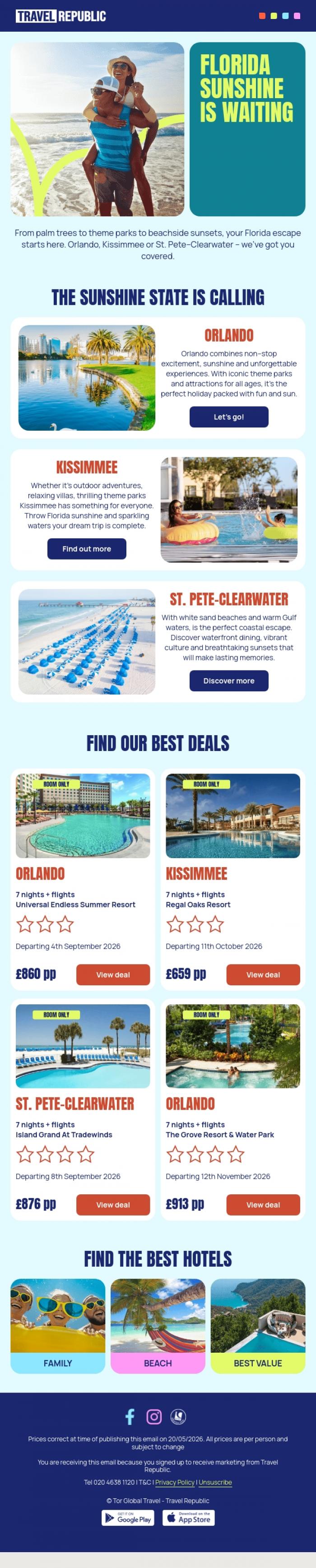 Email Design Inspiration from Travel Republic, Florida: The Sunshine State is calling!