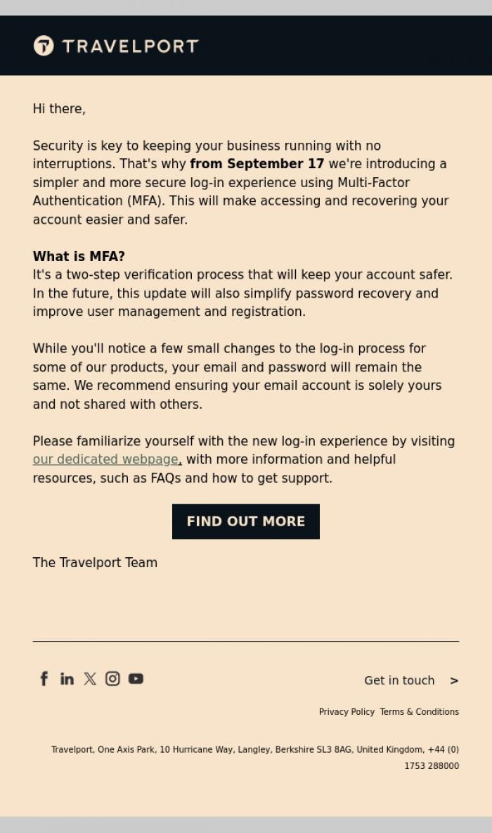 Email Design Inspiration from Travelport, SERVICE UPDATE: A new, easier and more secure log-in experience 🔑