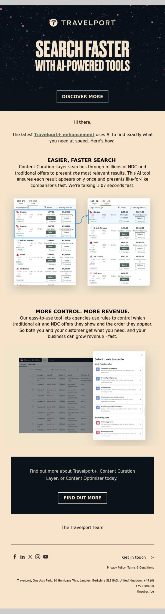 Email Design Inspiration from Travelport, NDC made easy: faster search with AI