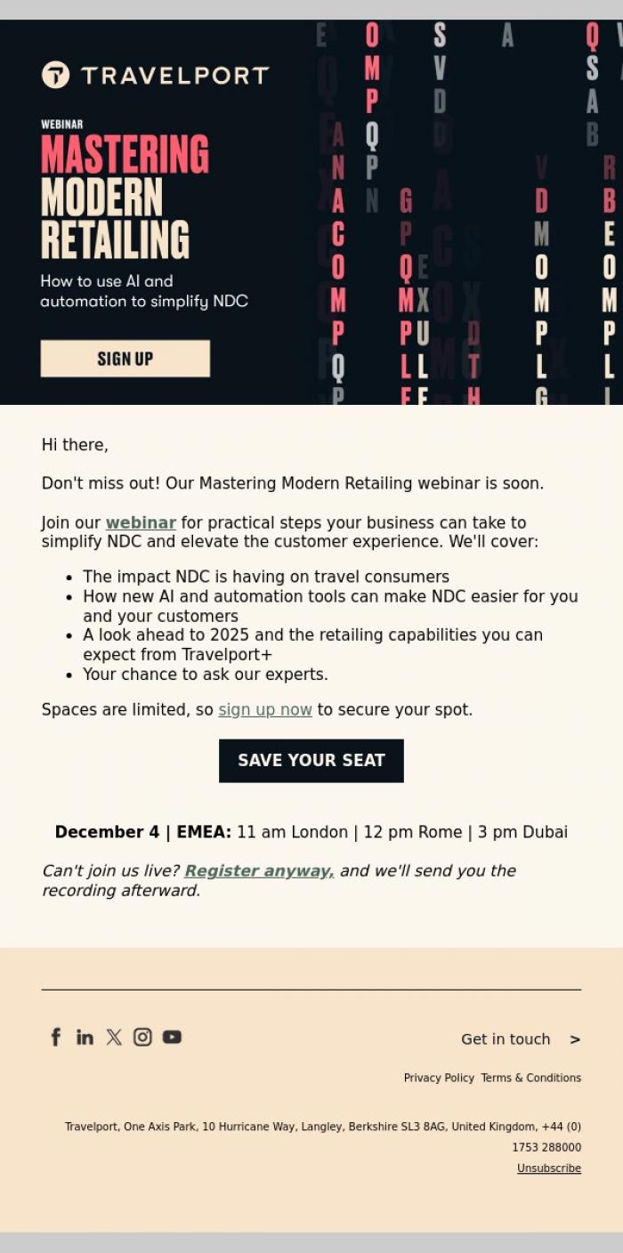 Email Design Inspiration from Travelport, Don't forget to save your seat for our webinar Mastering Modern Retailing