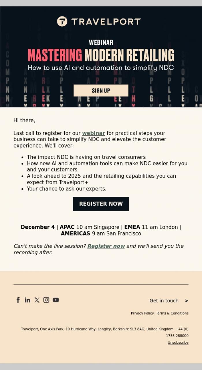 Email Design Inspiration from Travelport, Last call to register for our Mastering Modern Retailing webinar