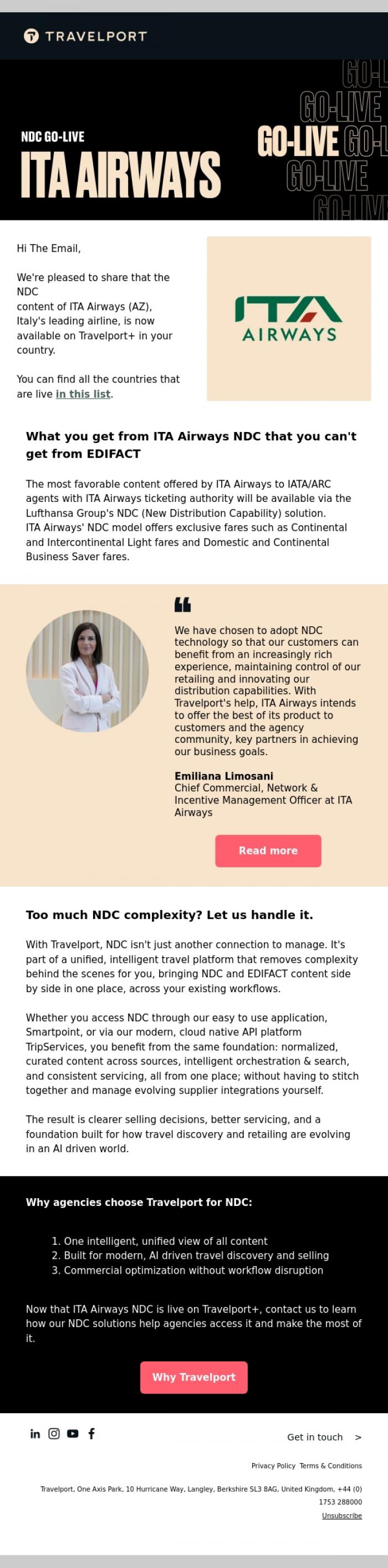Email Design Inspiration from Travelport, ITA Airways NDC content is live on Travelport+