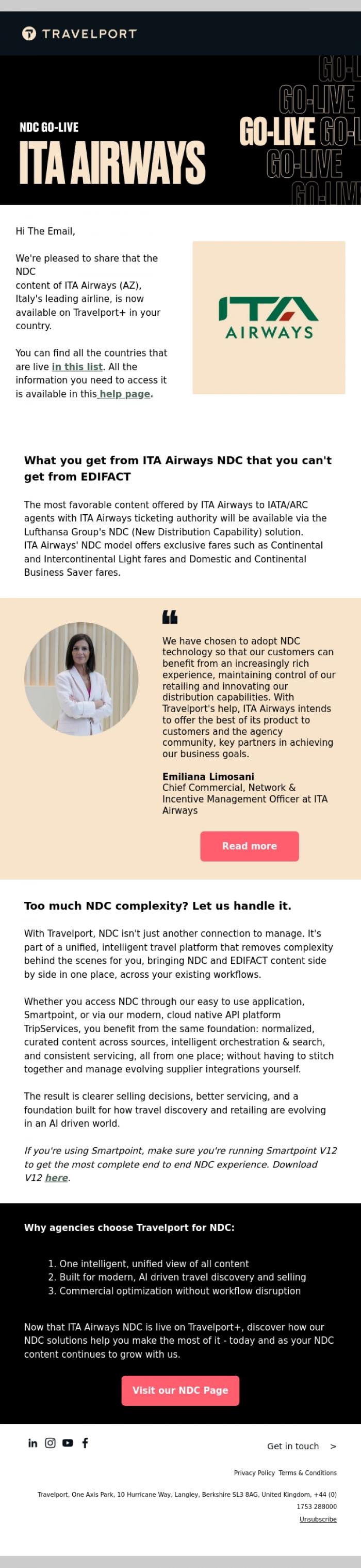 Email Design Inspiration from Travelport, ITA Airways NDC content is live on Travelport+