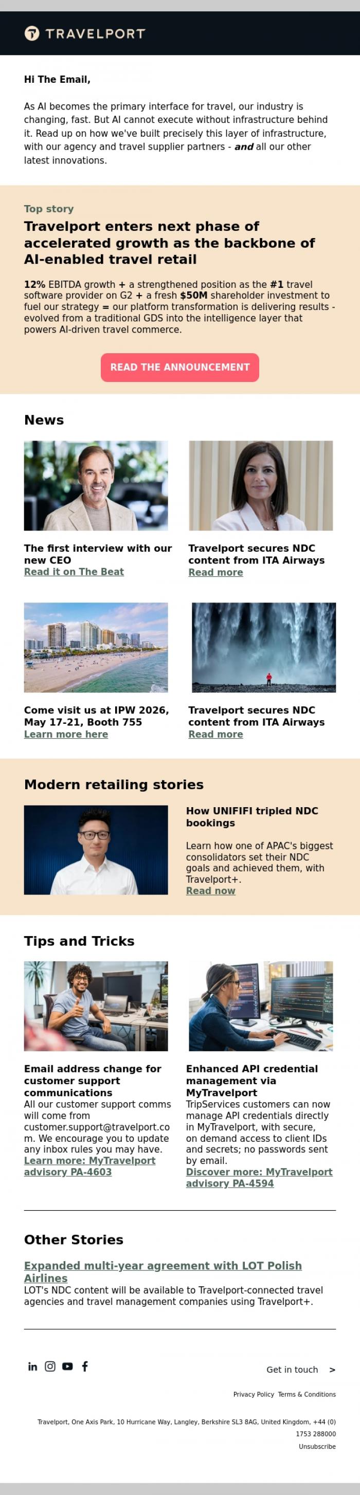 Email Design Inspiration from Travelport, What's new? Reshaping AI-driven travel distribution, accelerating NDC growth, and more