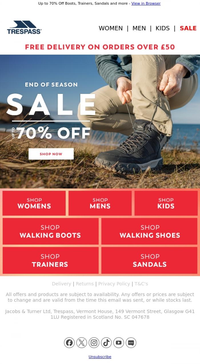 Email Design Inspiration from Trespass, End of Season Sale | Footwear