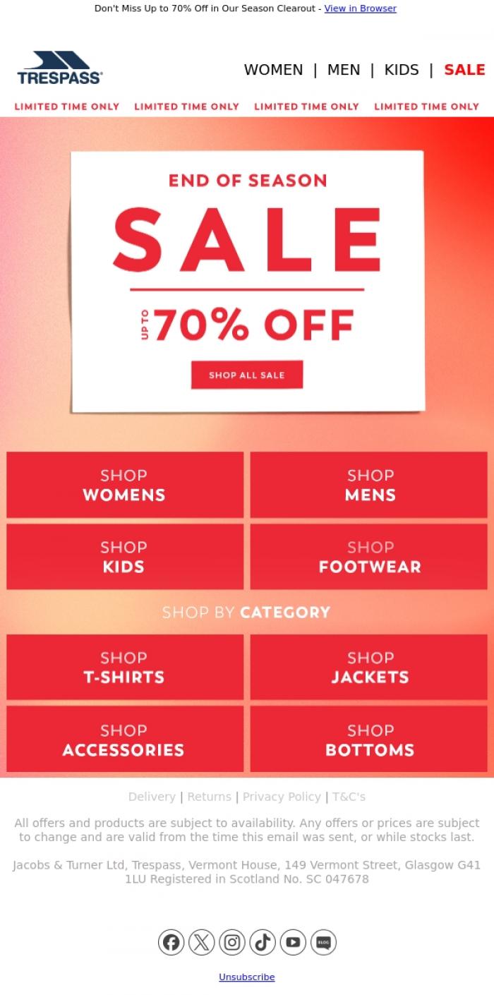 Email Design Inspiration from Trespass, SALE | End of Season