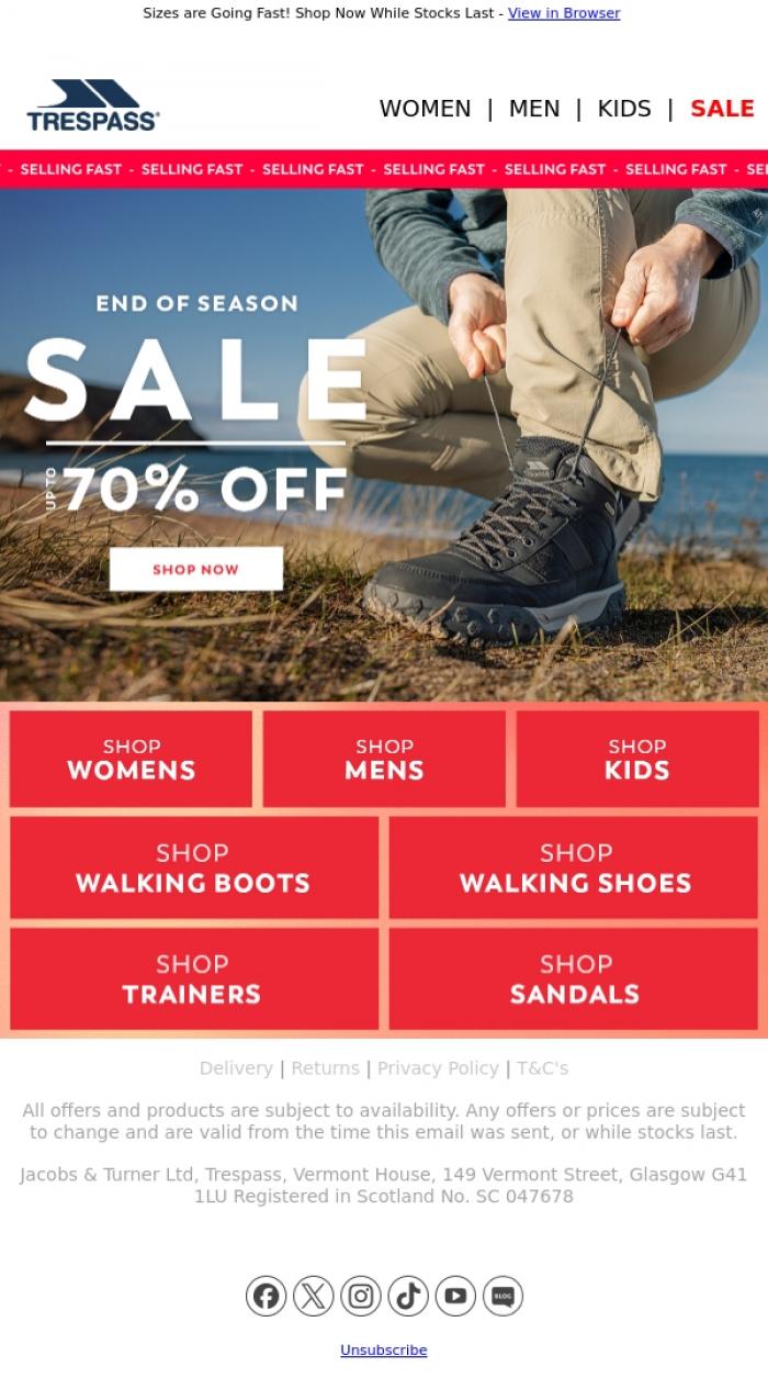 Email Design Inspiration from Trespass, Footwear | Up to 70% Off