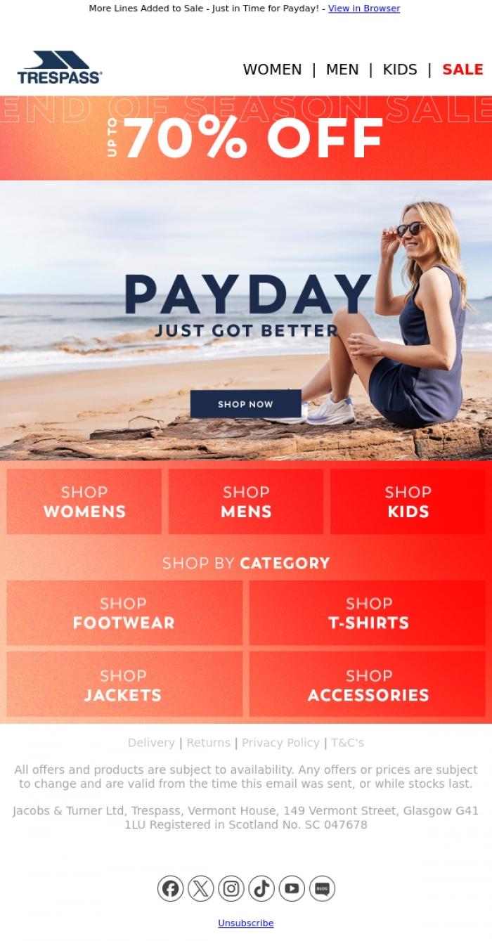 Email Design Inspiration from Trespass, Payday Just Got Better - Up to 70% Off