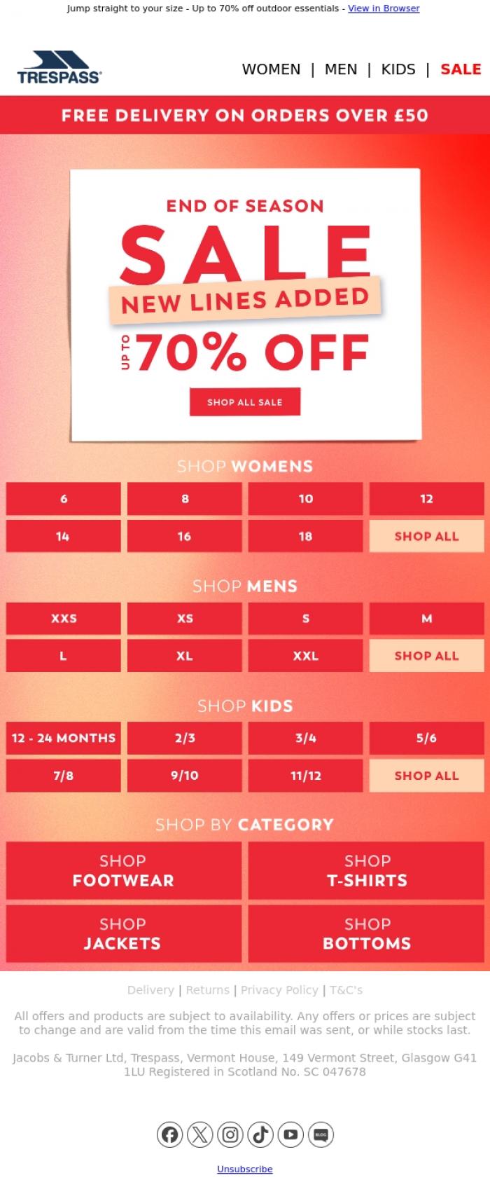Email Design Inspiration from Trespass, End of Season Sale - Shop Your Size