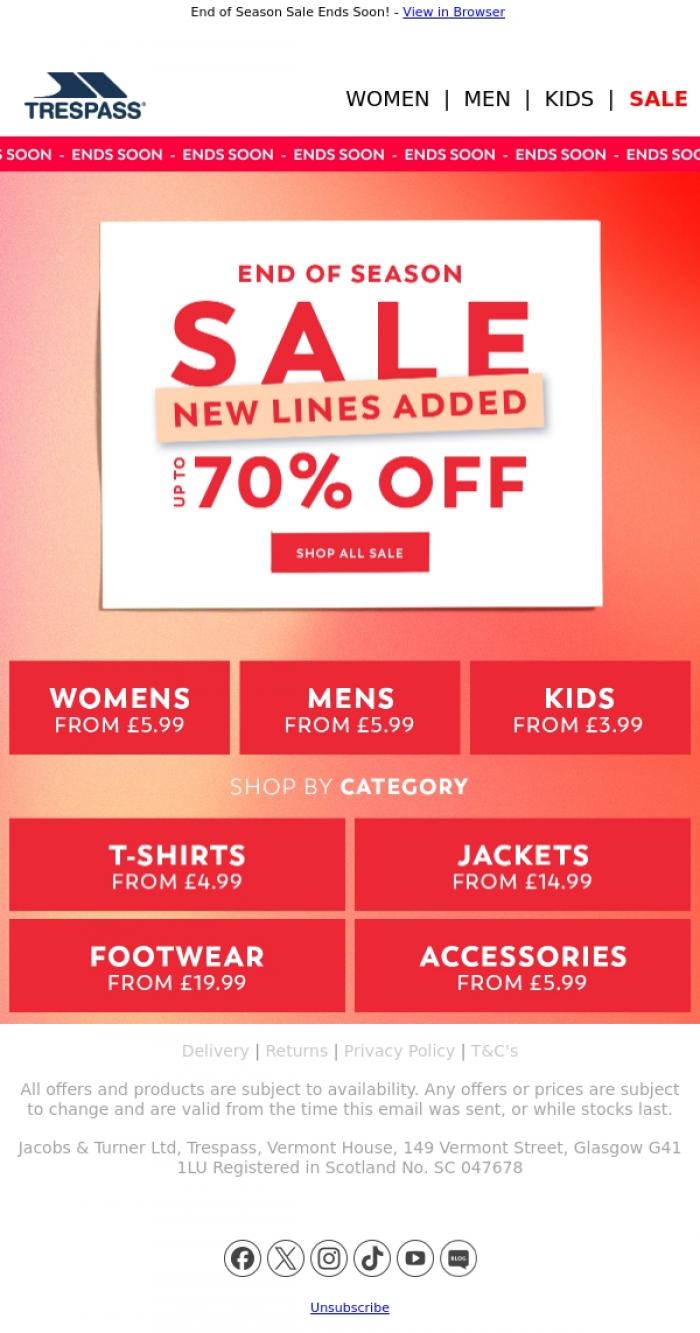 Email Design Inspiration from Trespass, Up to 70% Off - New Lines Added