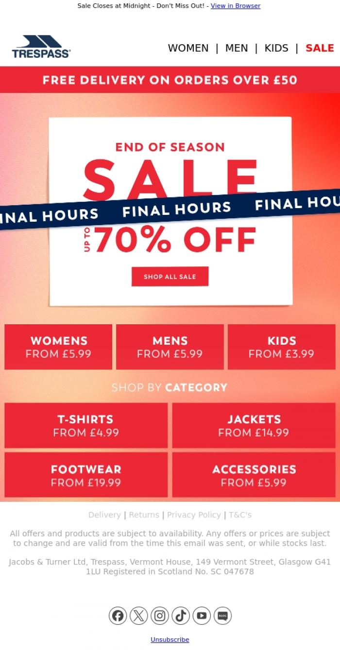 Email Design Inspiration from Trespass, FINAL HOURS | Up to 70% Off