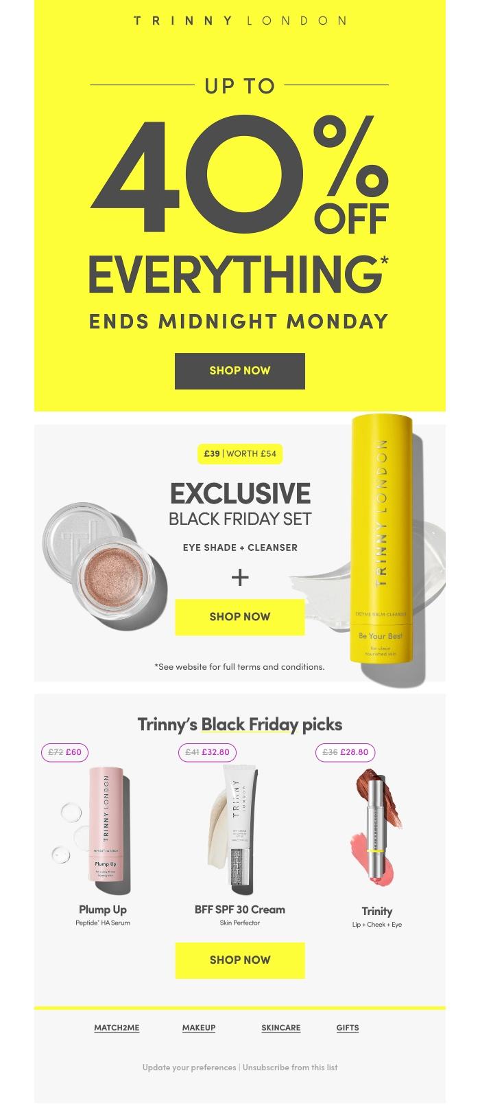 Email Design Inspiration from Trinny London, Shop up to 40% OFF absolutely everything*