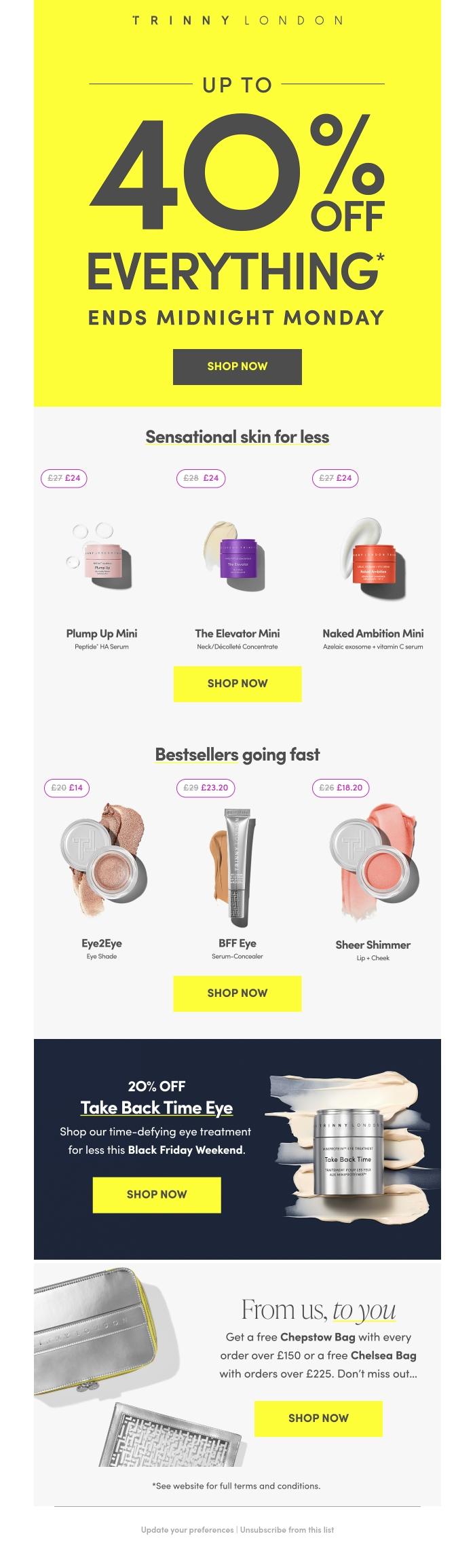 Email Design Inspiration from Trinny London, ⚡Ends tomorrow!⚡Shop up to 40% off