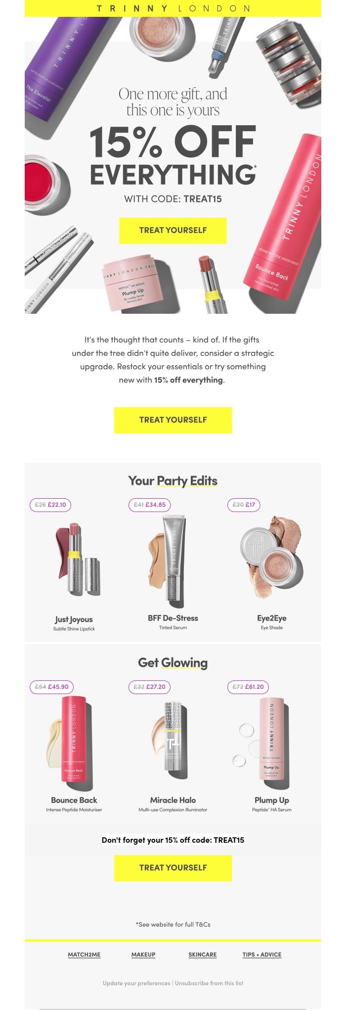 Email Design Inspiration from Trinny London, 15% off absolutely everything