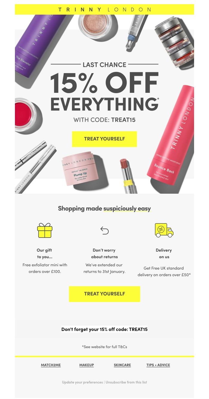 Email Design Inspiration from Trinny London, Your final chance to save 15%