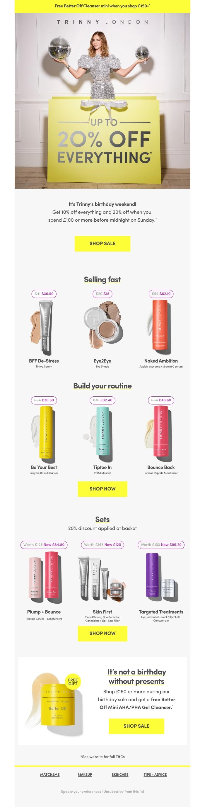 Email Design Inspiration from Trinny London, Enjoy up to 20% off everything* 💫