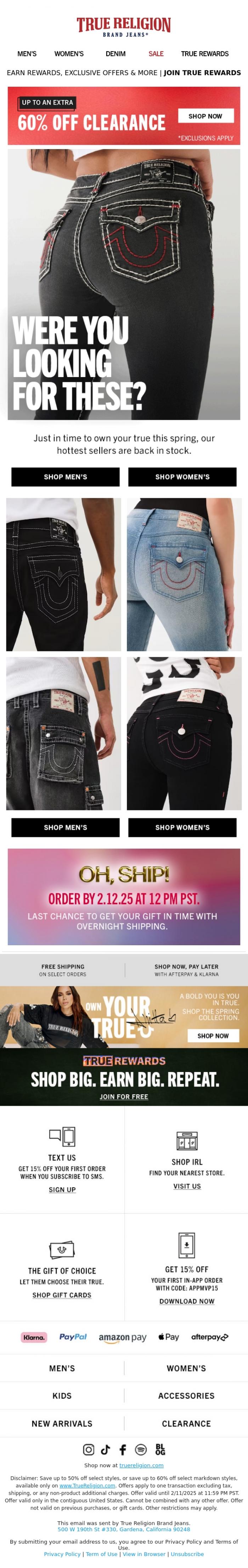 Email Design Inspiration from True Religion, Our best-selling denim is back...