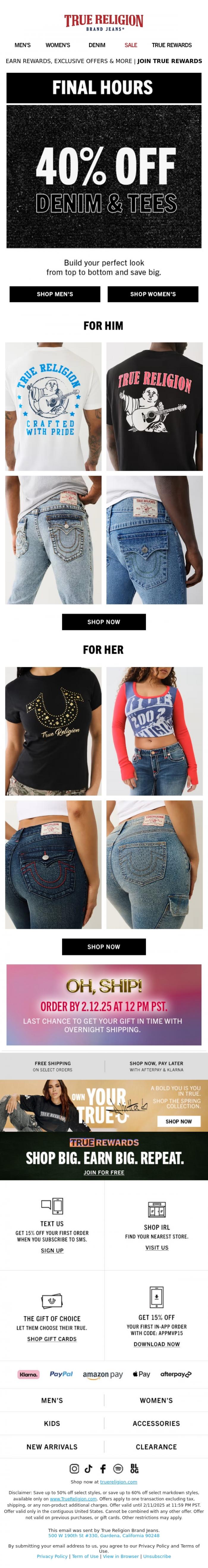 Email Design Inspiration from True Religion, FINAL HOURS❗❗40% OFF DENIM & TEES
