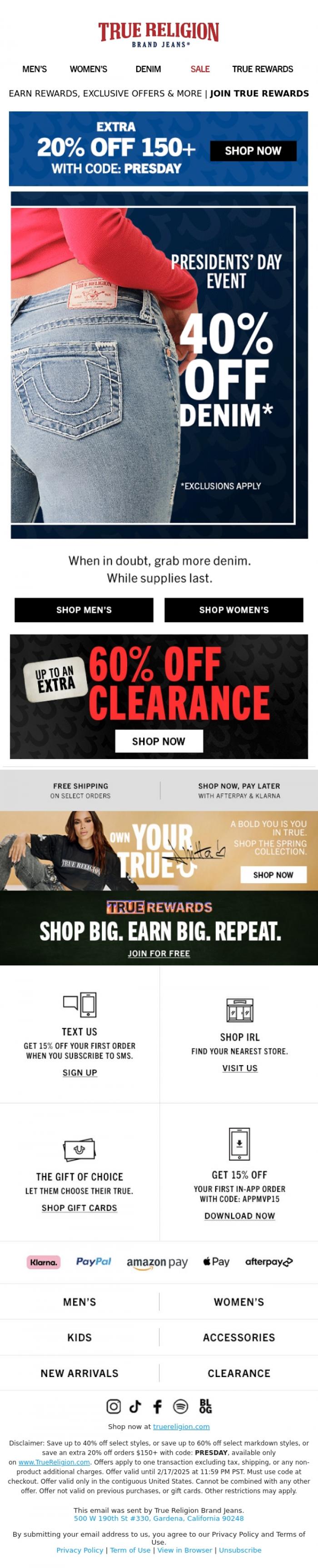 Email Design Inspiration from True Religion, Hey You, EVERYTHING is 40% off!