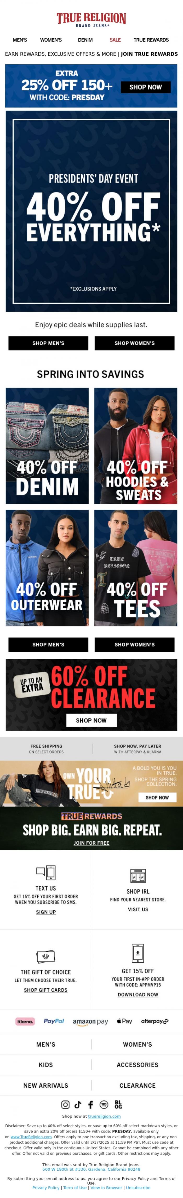 Email Design Inspiration from True Religion, 40% Off Everything-Presidents' Day Savings!