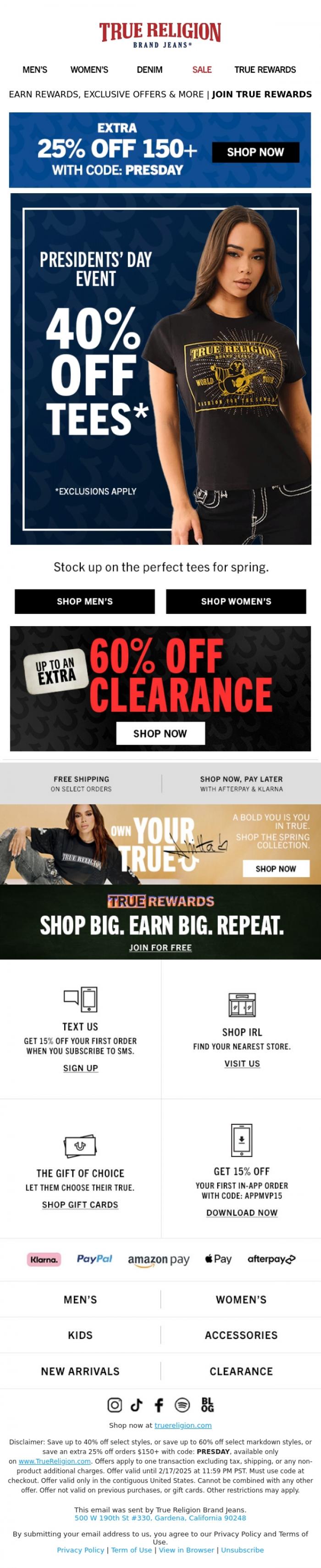 Email Design Inspiration from True Religion, TAKE 40% + 25% OFF TEES❗❗