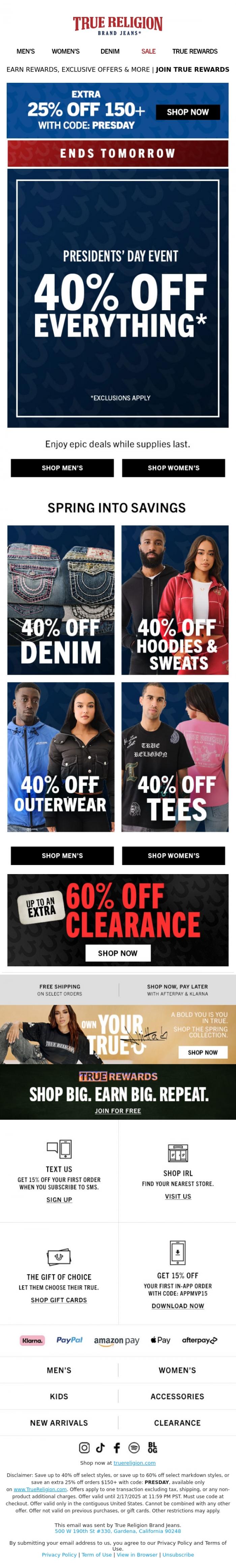 Email Design Inspiration from True Religion, 1 DAY LEFT 🚨 40% OFF EVERYTHING