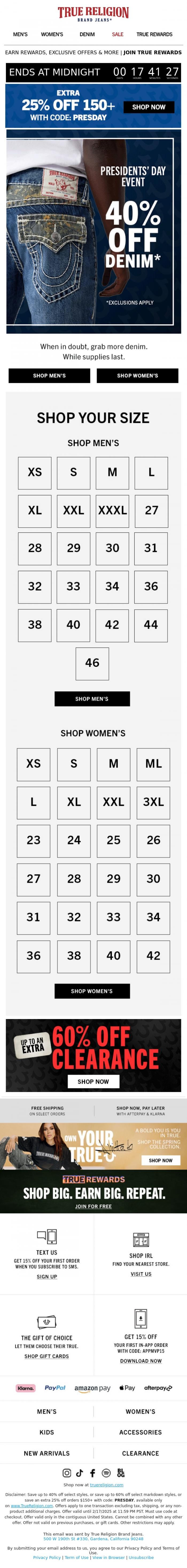 Email Design Inspiration from True Religion, 40% OFF DENIM ENDS AT MIDNIGHT!😱