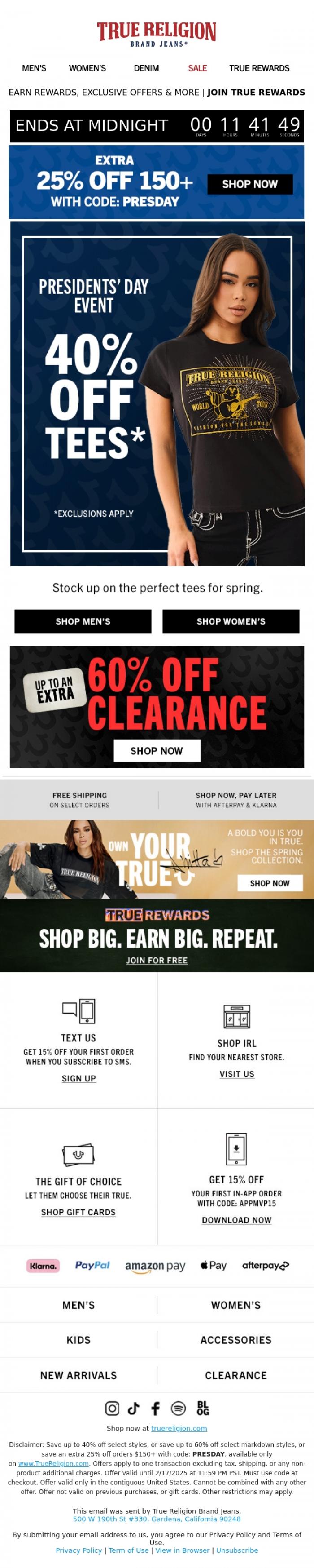 Email Design Inspiration from True Religion, CLAIM BY MIDNIGHT ⏰ 40% OFF TEES
