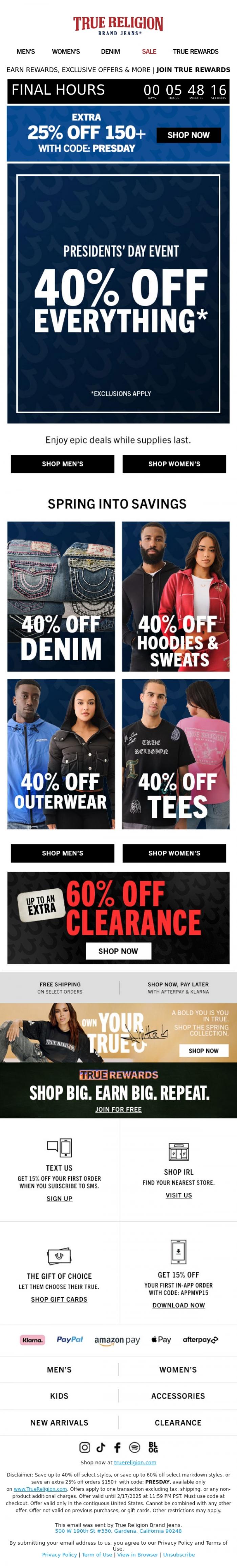 Email Design Inspiration from True Religion, 🗣️ FINAL HOURS: 60% OFF PRESIDENTS' DAY 🗣️