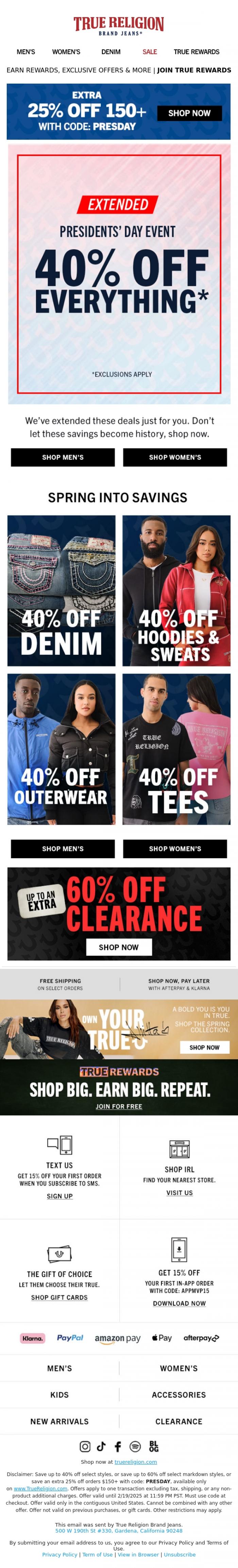 Email Design Inspiration from True Religion, 🎉 EXTENDED: 40% OFF + 25% OFF 🎉