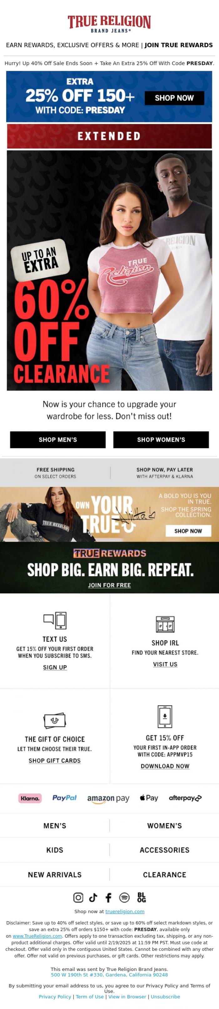 Email Design Inspiration from True Religion, ICYMI: 60% OFF CLEARANCE IS EXTENDED! 🏃&zwj;♀️