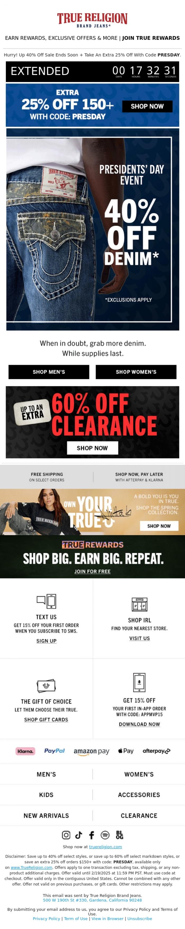 Email Design Inspiration from True Religion, CLAIM BY MIDNIGHT❗❗40% + 25% OFF