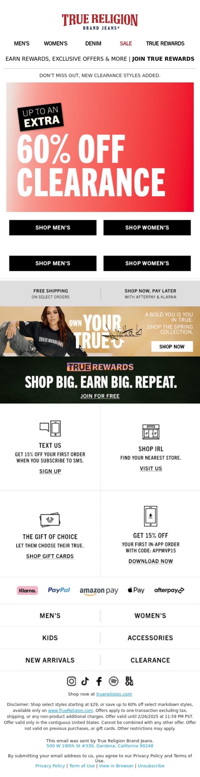 Email Design Inspiration from True Religion, EXTRA 60% OFF MARKDOWNS? YES PLS 🙌