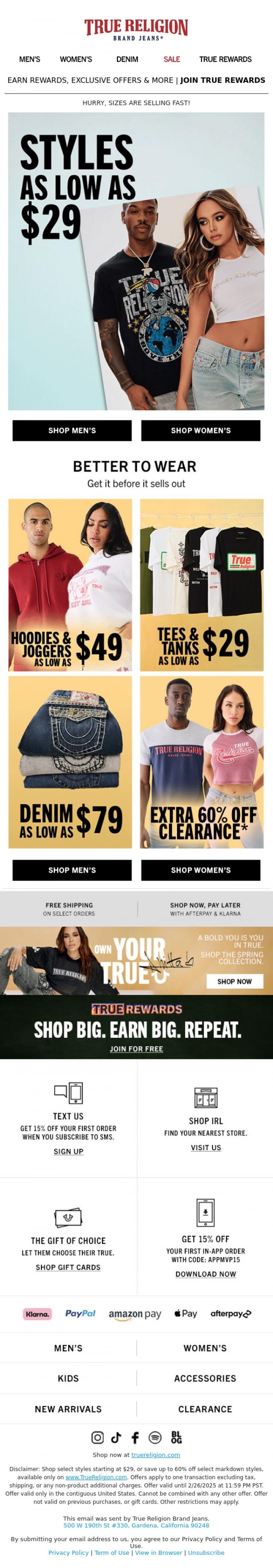 Email Design Inspiration from True Religion, Hey, Your Faves Starting At $29 🔥 